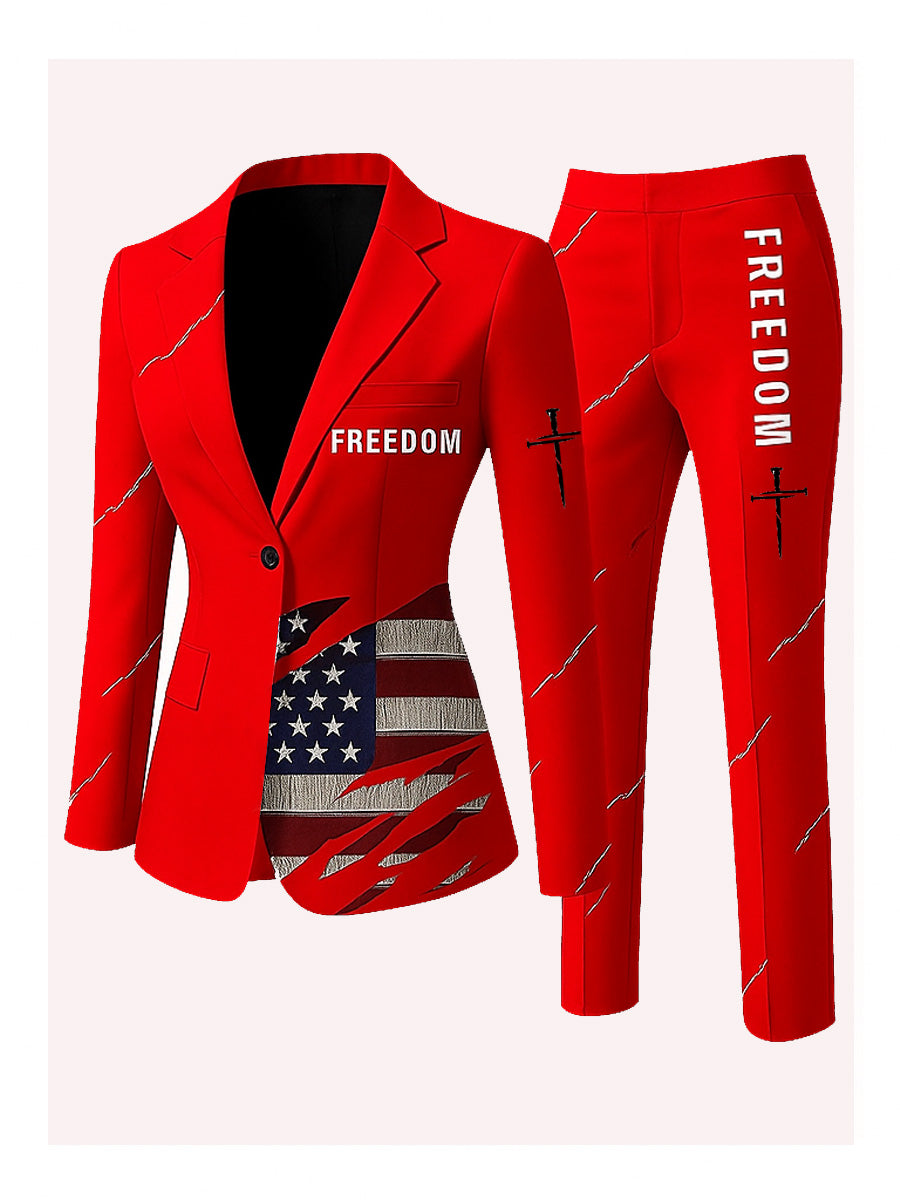 Women's Freedom American Flag Print Casual Blazer Trousers Two-Piece Suits